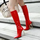 Осенне-зимние женские сапоги до колена из лакированной кожи, женские длинные сапоги с острым носком на шпильке, привлекательная Женская обувь черного и белого цвета