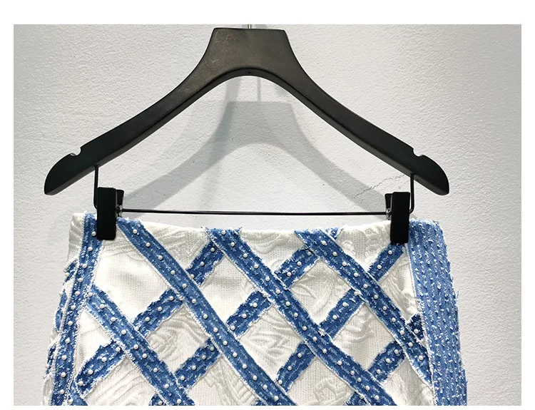 

High Quality Spring and Summer New Style Denim Stitching Handmade Beaded A-line Skirt Long Skirt Female Trend