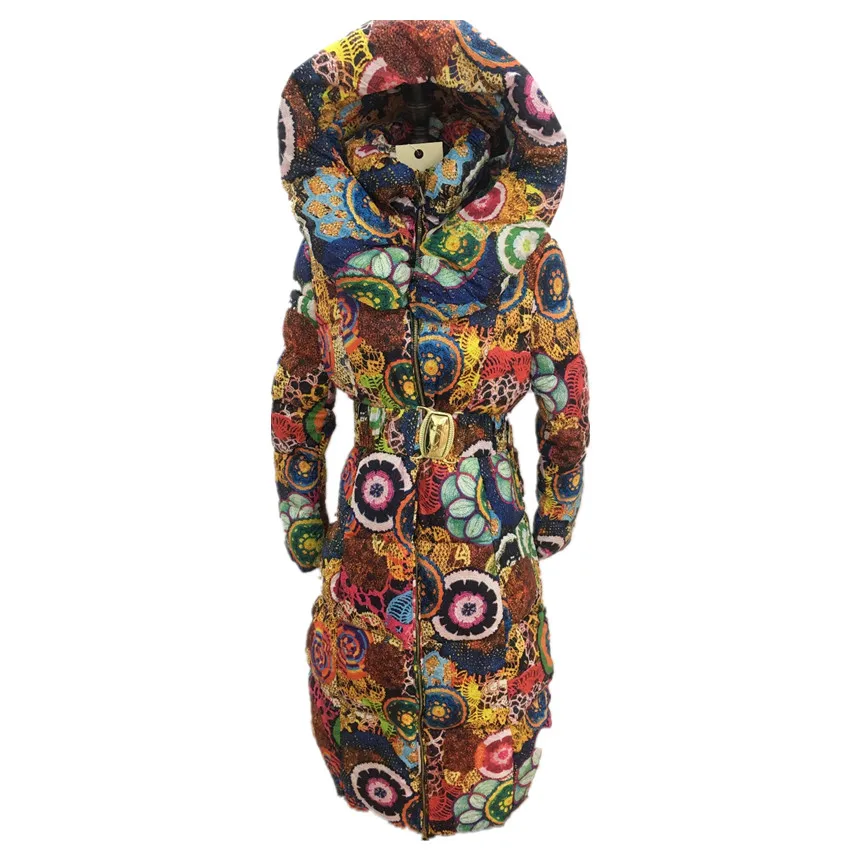 Женская зимняя куртка с капюшоном длинное хлопковое Стеганое пальто принтом |