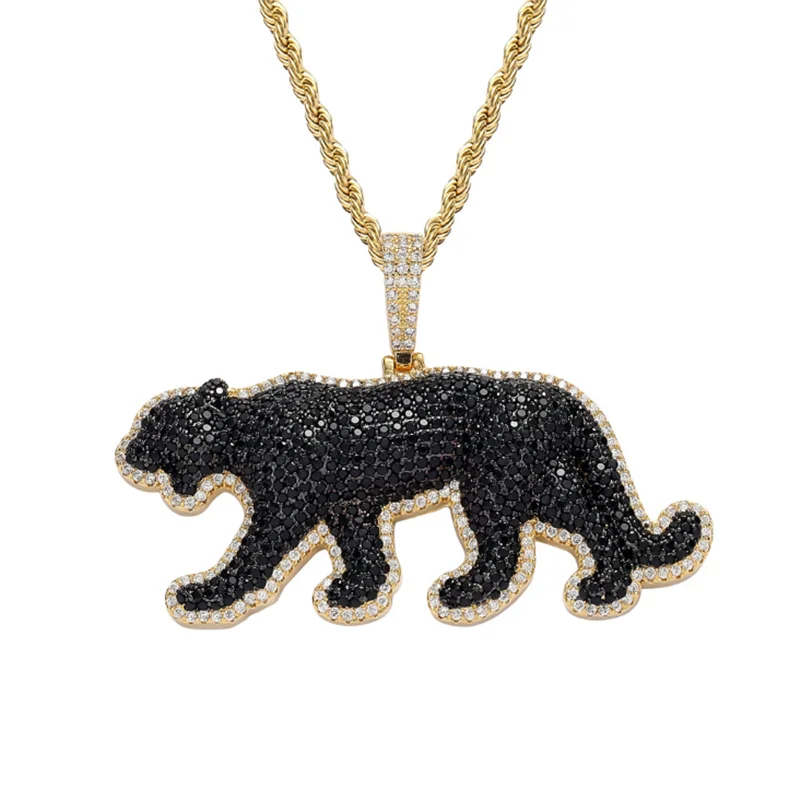 

Luxury AAA Cubic Zircon Black Leopard Animal Pendant Necklace Hip Hop Chain Charm men's Jewelry