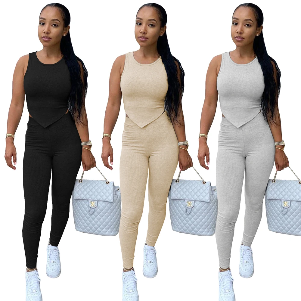 

2021 Streetwear Sportswear 2 Piece Set Women Outfits Sleeveless O Neck Tops Legging Pants Knitting Ribbed Loungewear Set