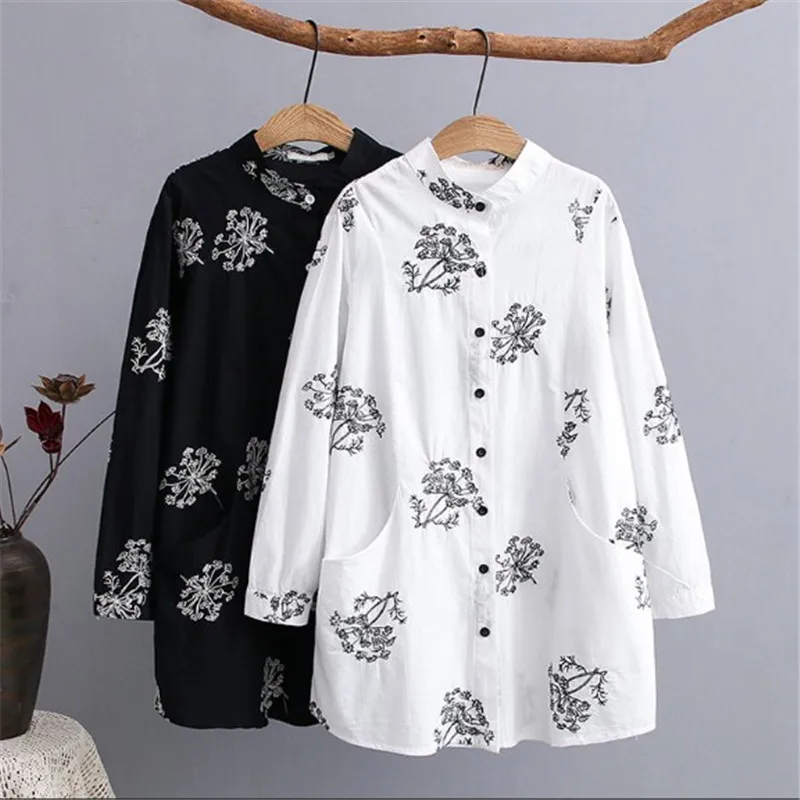 

2019 new women's plus-size dress with embroidered blouse cotton and linen shirt and long sleeves for women's shirts 4XL