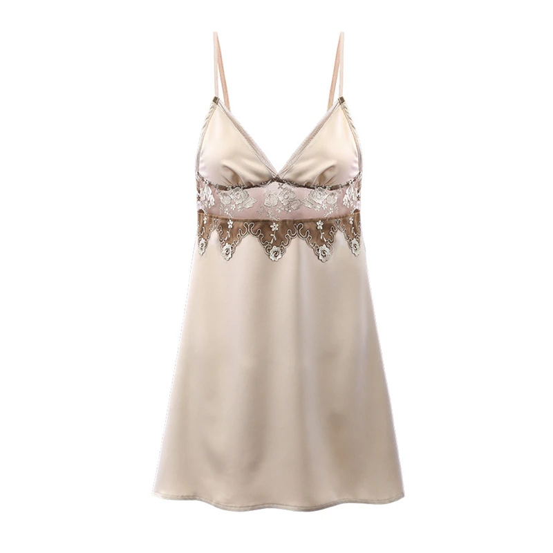 

Sexy Nightdress Deep V Lace Sleepwear Women Lingerie Silk Satin Nightie Nightgown Sleeveless Sling Nightwear Home Dress