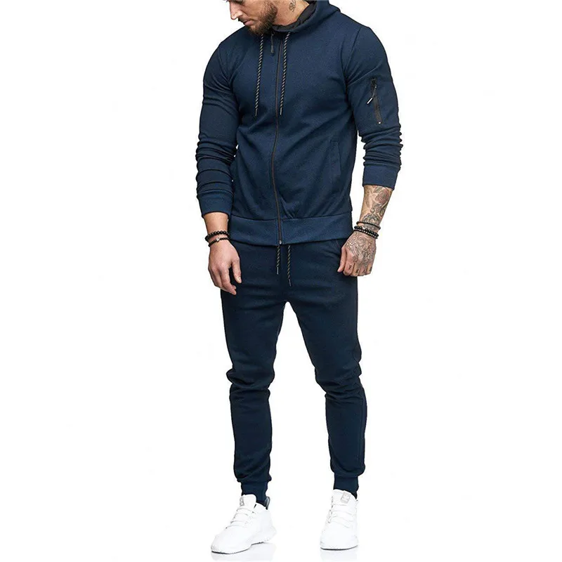 

New men's sports suit outdoor fitness jogging hooded jacket with zipper + pure color casual drawstring sports pants simple suit