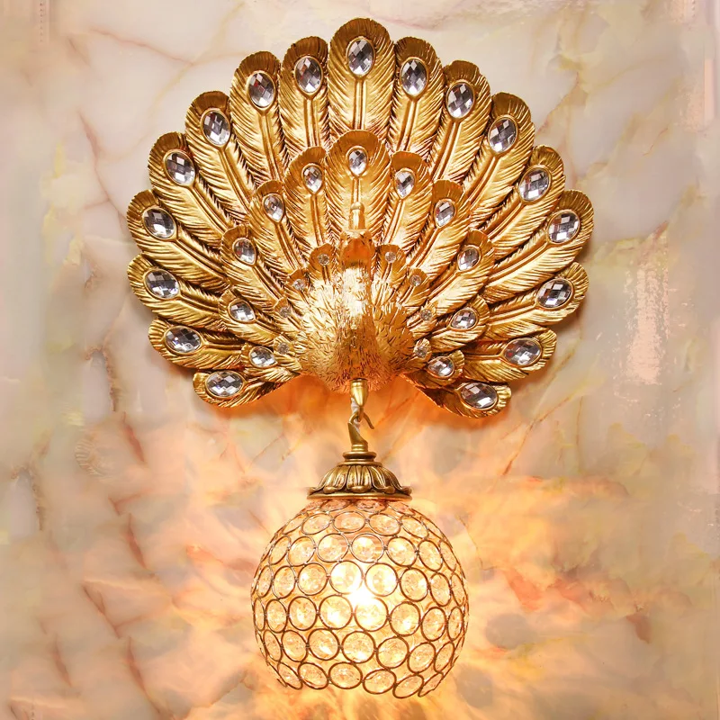 

European Style Retro Crystal Wall Lamp Living Room Background Wall Decoration Peacock Wall Lamp Aisle Bedroom Bedside Lamp E27