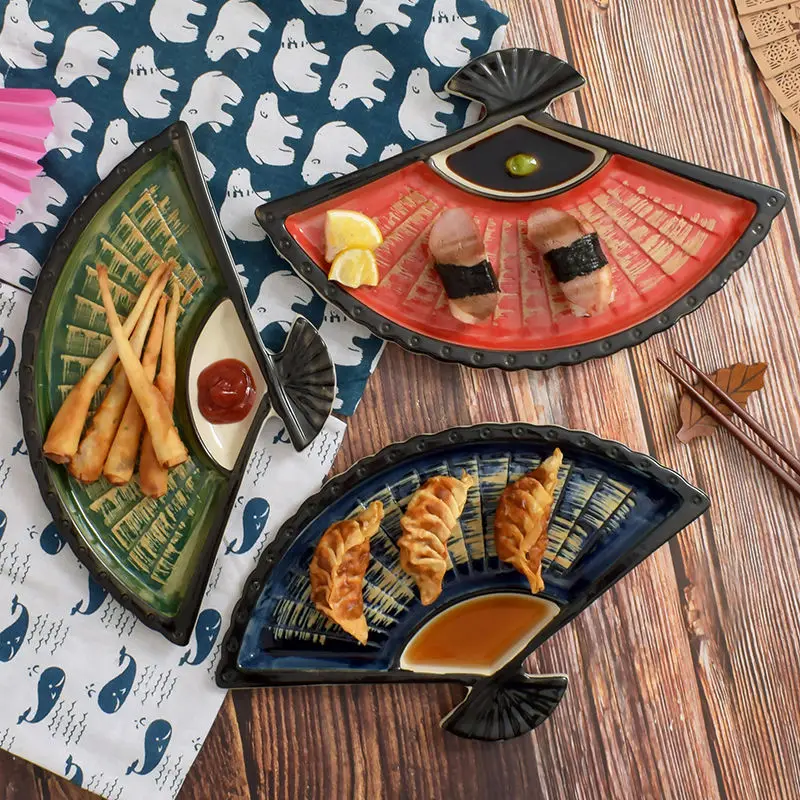 

ins dumpling plate with vinegar dish creative ceramic partition plate Japanese hand-painted sushi plate fan-shaped snack plate