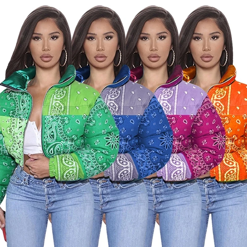 

Bandana Coat Paisley Printed Bubble Jackets For Women 2020 Winter Fashion Warm Parkas Casual Zipper Up Puffer Outerwear