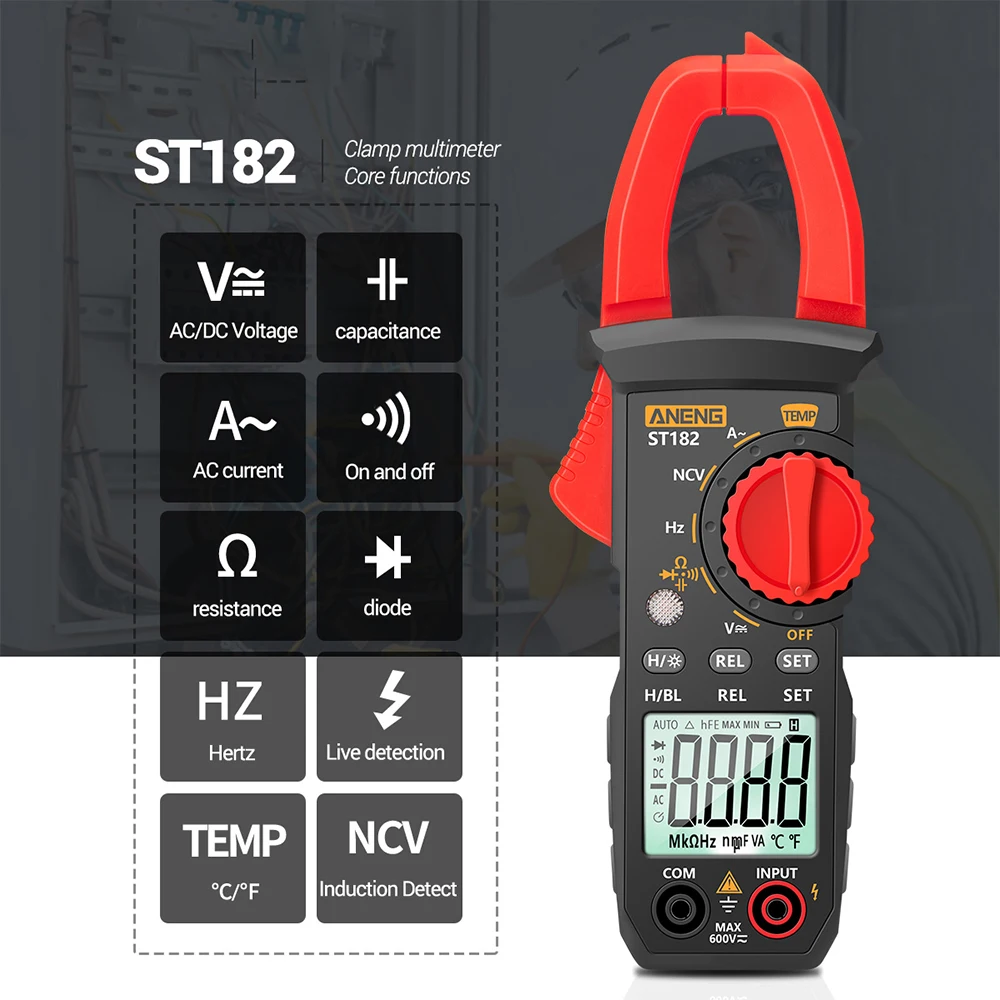

Small Digital Clamp ANENG ST182 Series Automatic Range Capacitance Tester VFC Capacitance Non-Contact Multimeter