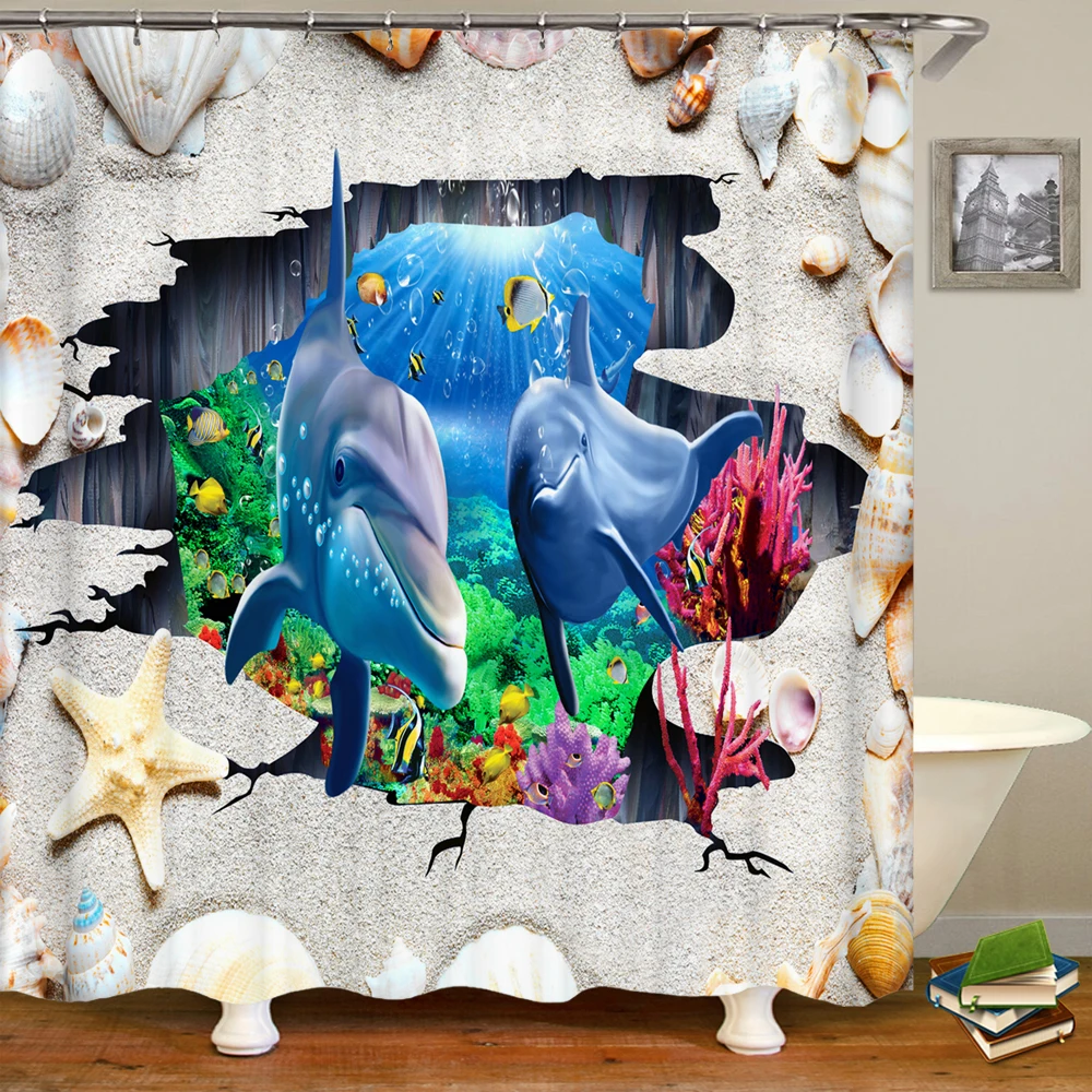 

Занавеска для душа с 3D-принтом дельфина из мультфильма океан, морская жизнь, домашнее украшение, водонепроницаемая занавеска С крючком, зан...