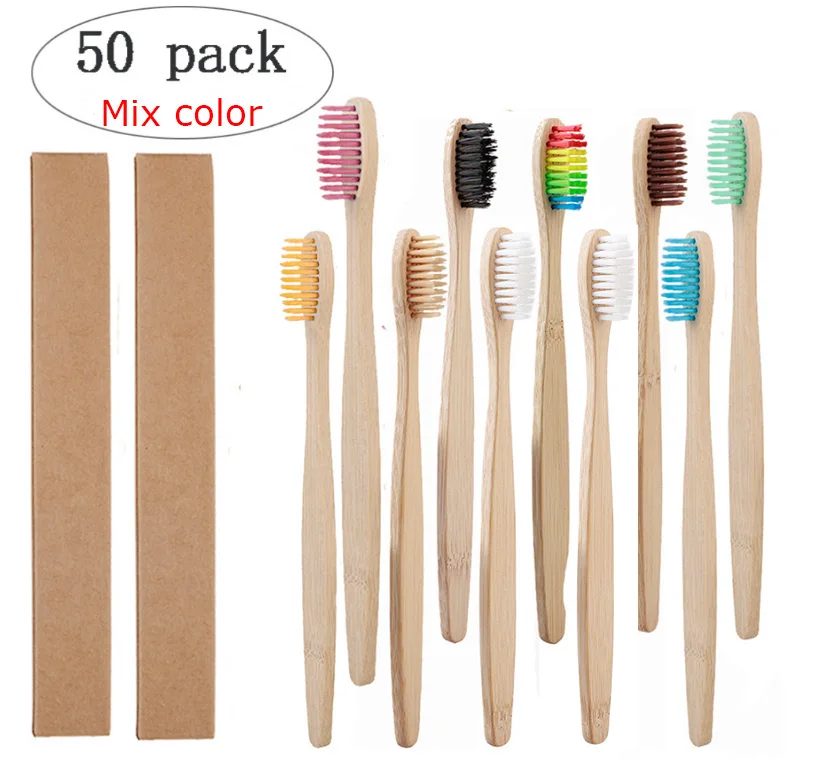 50 шт./упаковка многоцветная деревянная зубная щетка из бамбукового