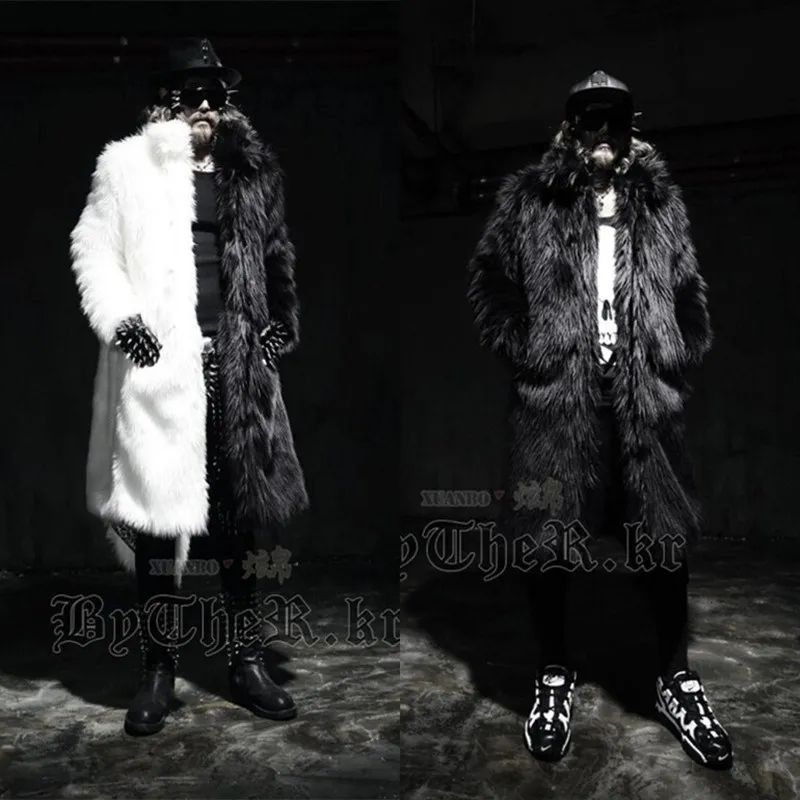 Mandylandy Winter Menswear Imitation Fur Long Trench Coat Men Trendy Furry Jackets Black and White Gothic Jackets Coat Overcoat