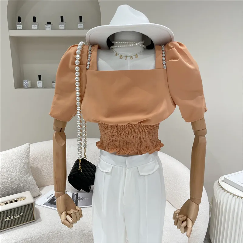 

Women's Spring Summer 2021 Fashion Short sleeve shirt Vintage square neck Ruffle short Top