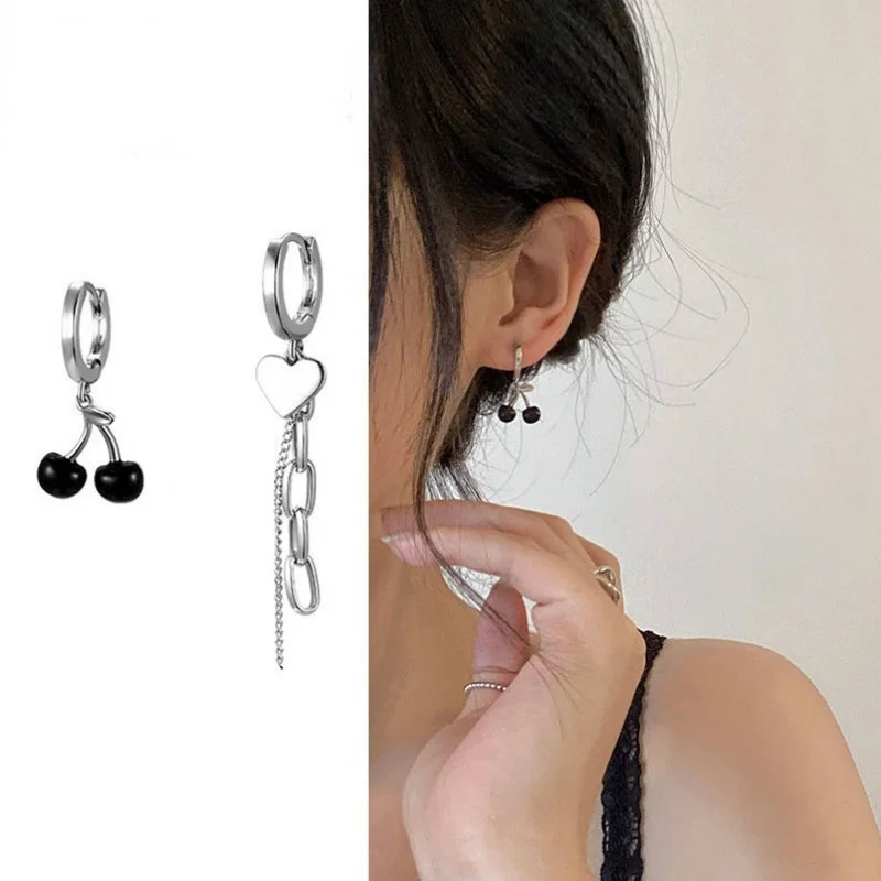 

Sweet Asymmetric Earrings Cherry Love Earrings Female Summer Design Niche Simple and Cold Wind Hoop Earrings