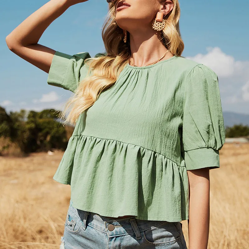 100% хлопковые летние футболки с короткими Sheelve рюшами шить шифоновая блуза