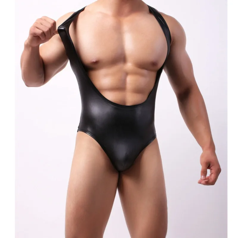 

Men's Leather Fun Open Chest One-piece Underwear Vest Black Leather Nightclub Dress micro bikini lenceria femenina iç giyim