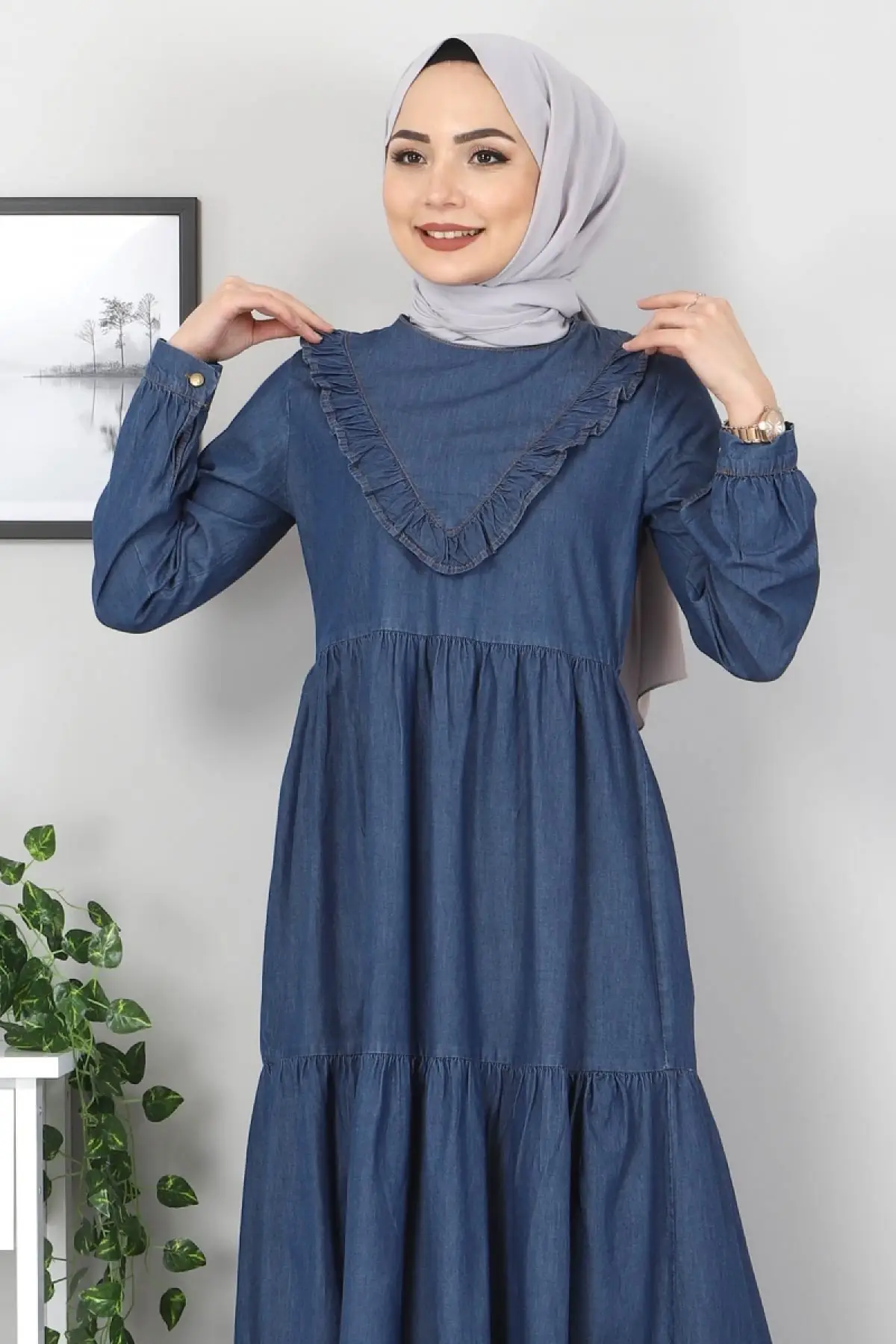 

Women's Blue Jeans Front Ruffled Dress Fashion Muslim Women Hijab Dress