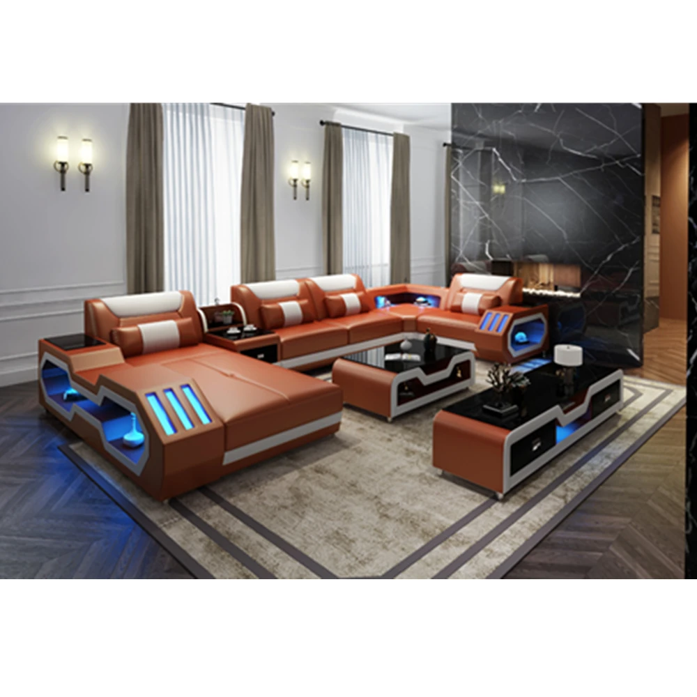 U образный диван из натуральной кожи для гостиной с музыкальным