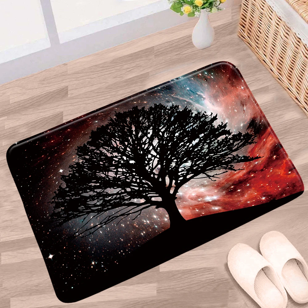 

Starry Sky Bath Mats Fantasy Universe Trees Black Background Pattern Non-slip Rugs Flannel Home Bathroom Kitchen Entrance Carpet