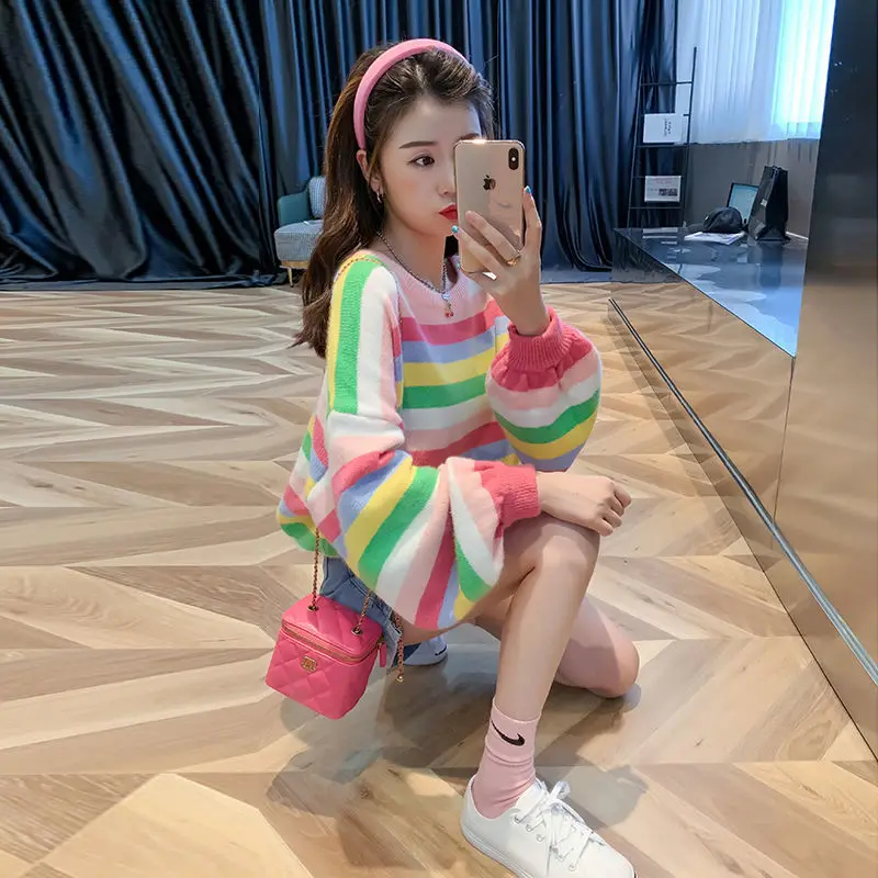 Разноцветные Женские свитера в радужную полоску ретро свитер Топ джемпер