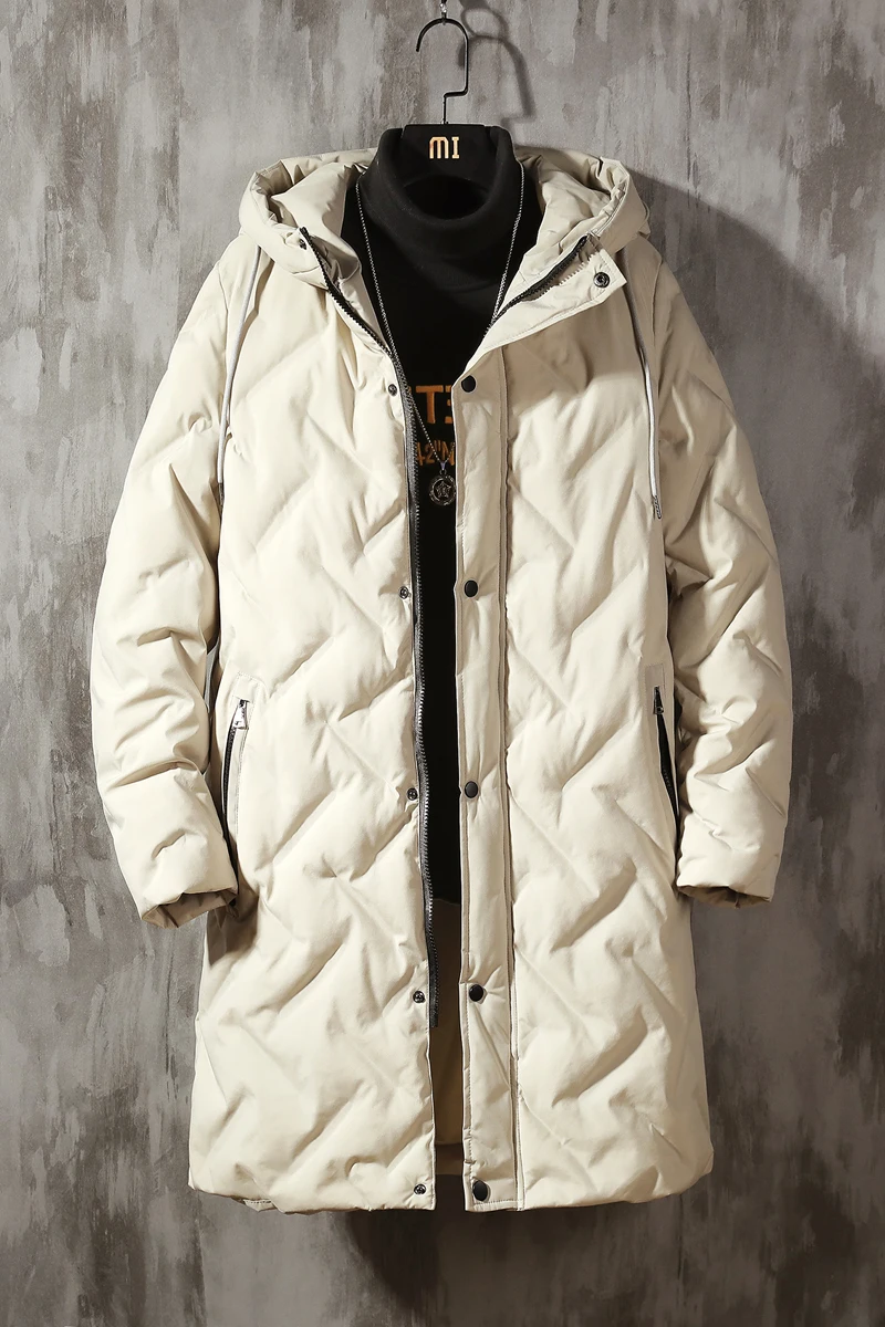 

New Winter Down Jacket Men's Zipper and Hat Casual Medium-and-Long Coat Men