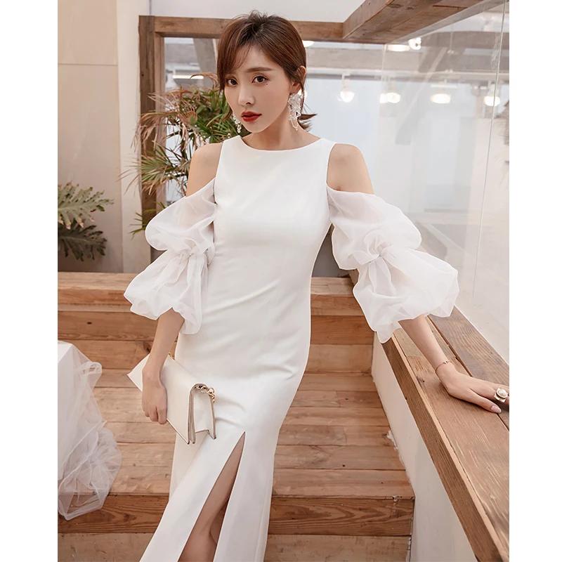 Платье YIGELILA до середины икры белое праздничное платье с круглым вырезом и