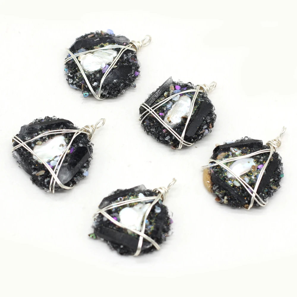 

Natural Stone Pendant Round Black Crystal Bud Winding Silver Wire Charm for Jewelry Making DIY Eardrop Necklaces Accessories