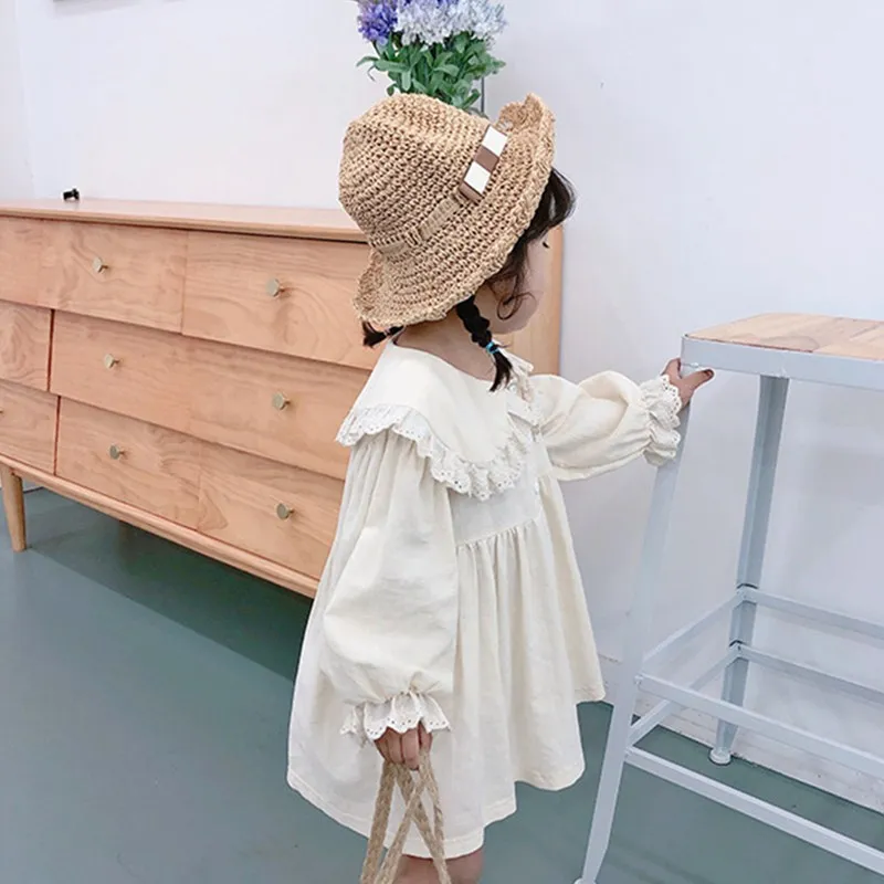 Spring Autumn 2020 cute baby girls lace turn-down collar princess dresses pure cotton soft 2 colors casual dress for kids
