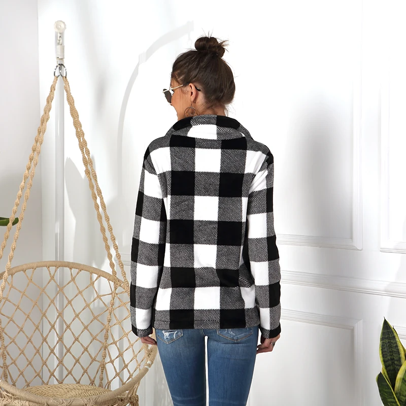 

Fashion Women Sweatshirt Stand Collar Pullover Casual Long Sleeve Plaid Print Loose Sweatshirt Streetwear