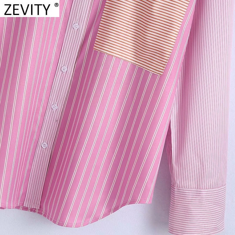 

ZEVITY Women Fashion Color Matching Striped Print Casual Blouse Shirts Office Ladies Poplin Blusas Business Chemise Tops LS9473