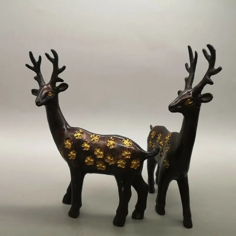 

1 Pair Chinese Old Copper Carved Sika Deer Statue/Metal Sculpture Craft for Home Decoration Antique Collection
