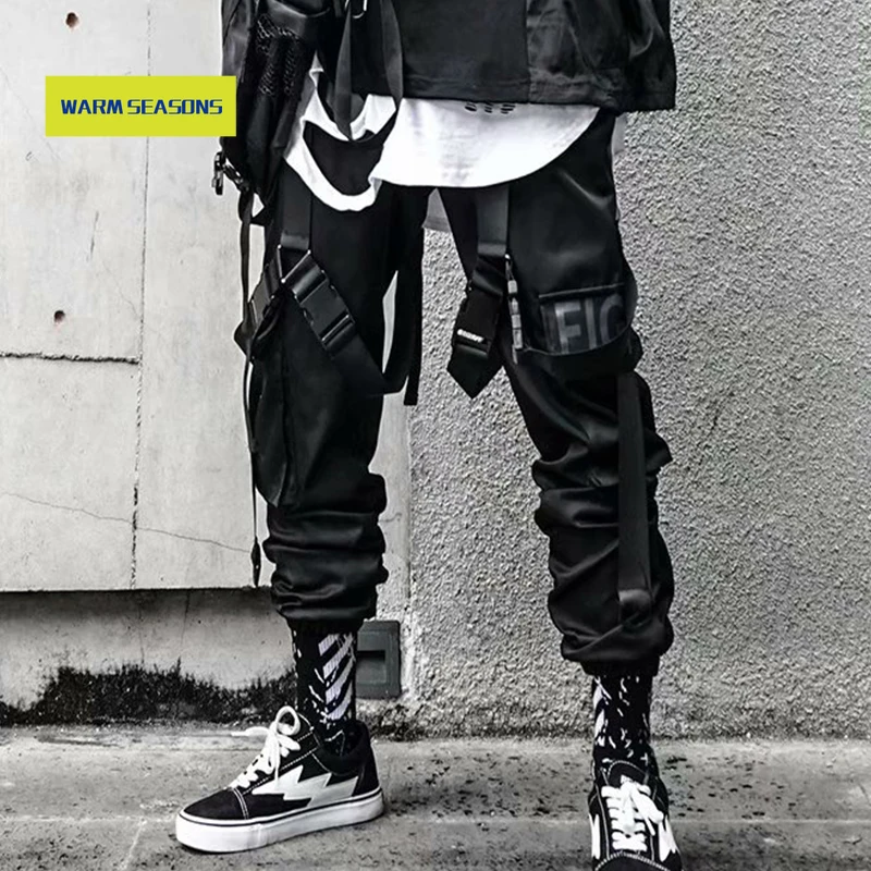 

2020 Joggers Cargo Pants for Men Casual Hip Hop Hit Color Pocket Male Trousers Sweatpants Streetwear Ribbons Techwear Pants