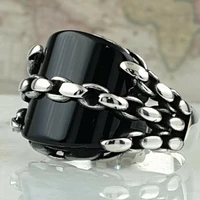 punk mens black geometric square crystal stone finger ring with chain for party gift wedding engagement hip hop jewelry