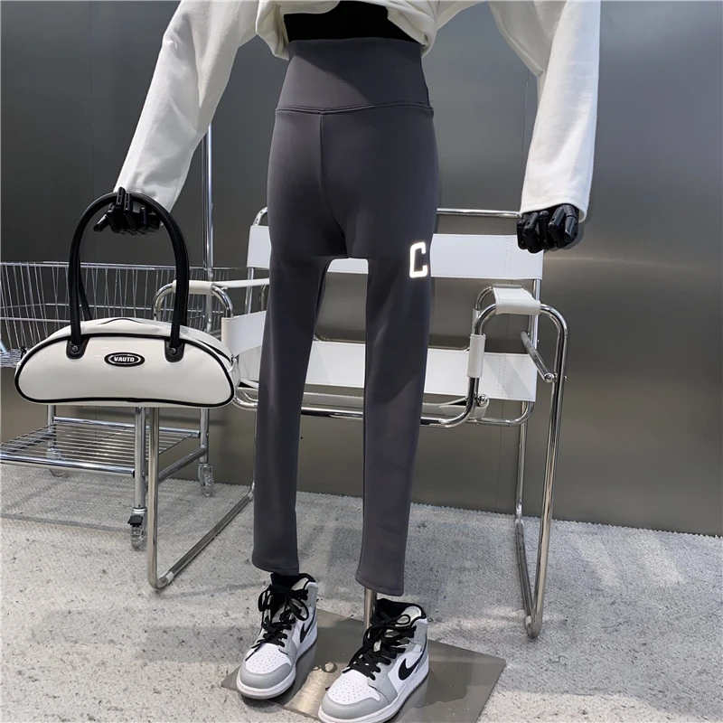 

Niche Design New 2021 Reflective Letters High Waist Abdomen Hips Slim Plush Leggings Versatile Tight Elastic Sports Shark Pants