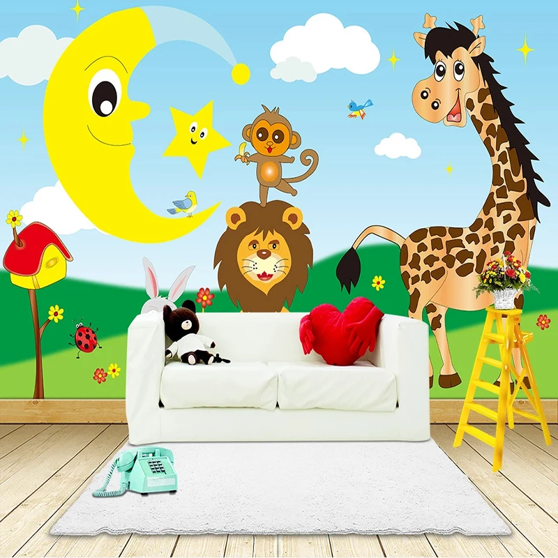 Фотообои на заказ 3D Мультяшные животные жираф Лев детский сад детская комната