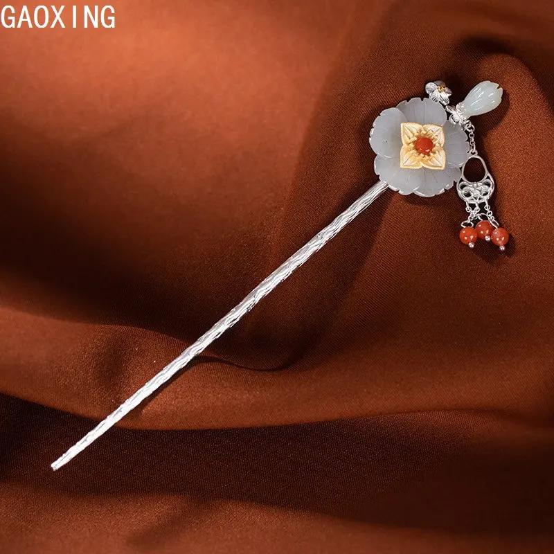 

S925 Sterling Silver Hetian Jade Plum Blossom Hanfu Headdress Pan Hair Ancient Wind Hairpin Step Wagging Fork