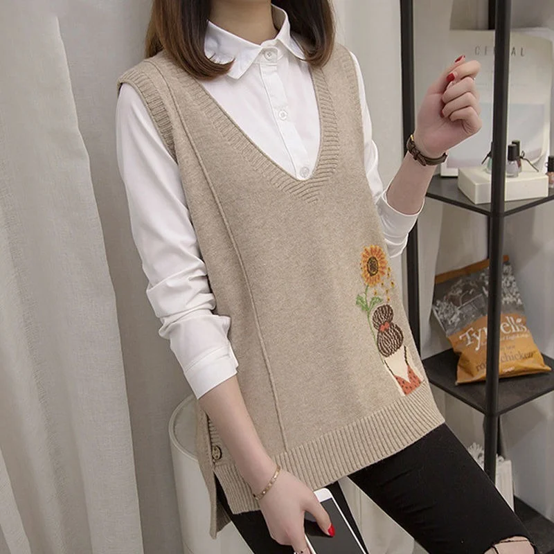 

2021 Spring Autumn Korean Loose Cartoon Flower Jacquard Sweater V-Neck Sleeveless Short Knit Waistcoat Vest Women Clothes Y376