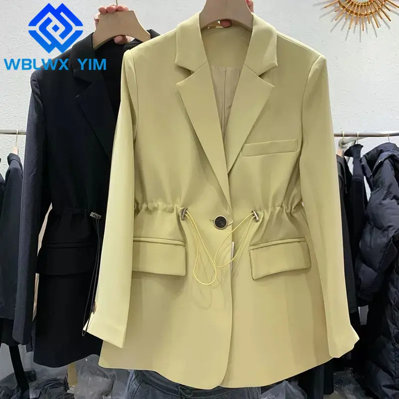 

Spring Blazer Jacket Women Single button Lapel Fashion Drawstring Long sleeve Suit Jacket Ladies Office Formal Blazers Coat