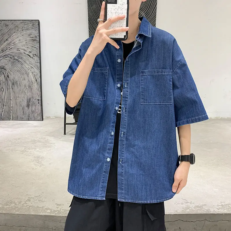 

Summer Cotton Denim Shirt Men's Fashion Retro Blue Short-sleeved Shirt Men Streetwear Loose Casual Pocket Shirts Mens M-2XL