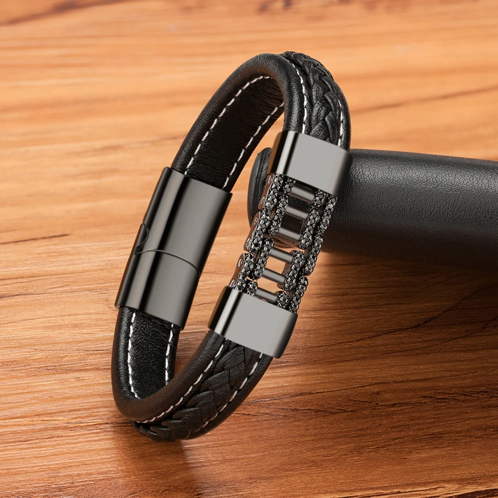 Luxury Style Stainless Steel Cubic Zirconia Black Leather Men's Bracelet Gold/Black/Steel Color For Birthday Party Gift | Украшения и