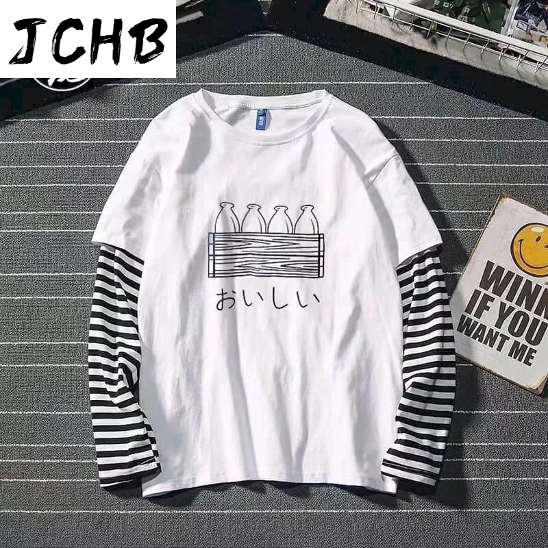 

2021 Hrajuku T-shirt Woman Fake Two-piece Long-sleeved Cartoon T-shirt Men's Loose Long Sleeves Tops Couple Unisex Clothes