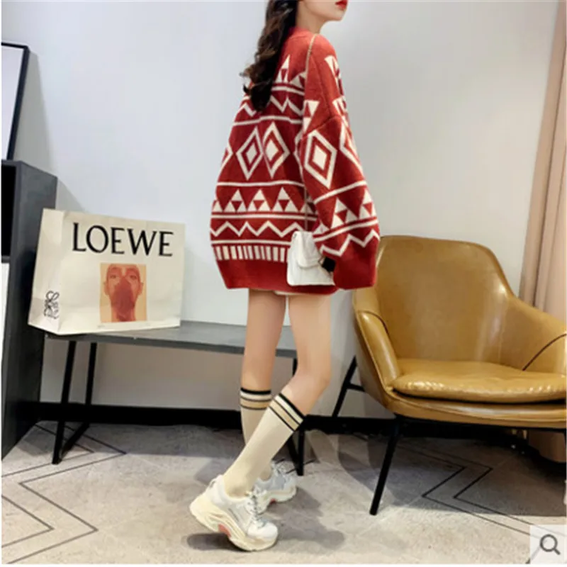 Женский вязаный свитер с длинным рукавом Свободный кардиган узором ромбиками