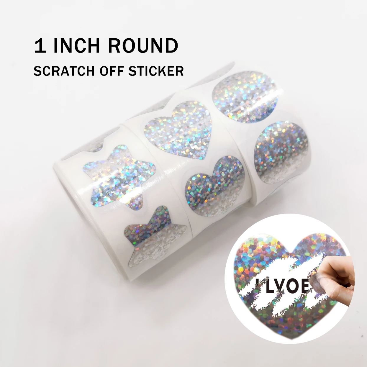 300pcs 1"Inch Heart Star Scratch Off Stickers 25*25mm Dot Laser Color Metallic Hologram game Scratch Sticker  Wedding card