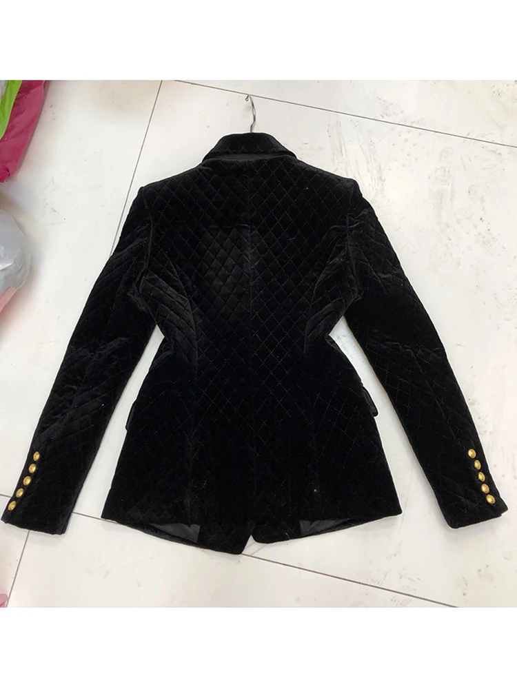 Черный двубортный бархатный пиджак в клетку со стразами стиле ретро