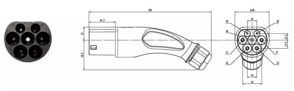 EV зарядный штекер для электрического автомобиля 32A Тип 2 IEC 62196 Штекерный Разъем