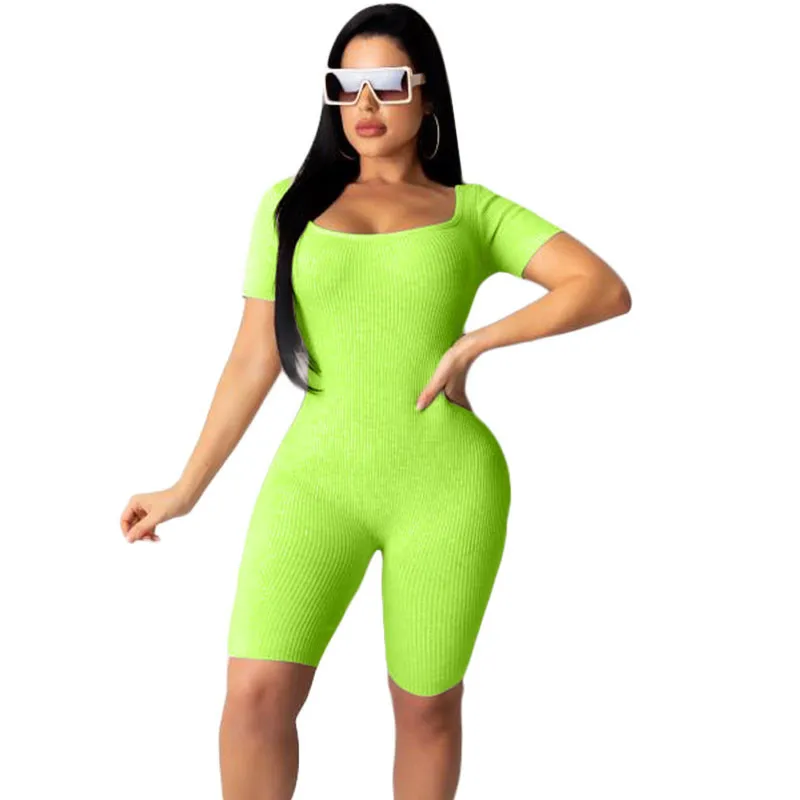 Knitted Fitness Casual Biker Playsuit Bodysuit Short Sleeve Lace Up Hollow Out Bodycon Rompers Womens Jumpsuit Shorts Summer