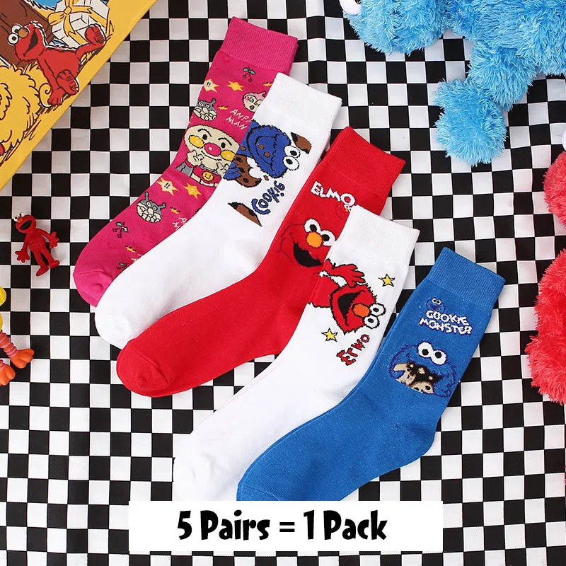 5 Pairs-12 5 пар Женские Мультяшные шикарные движения скейтборд хлопчатобумажные носки Улица Сезам длинные носки искусство женский персонаж милый хипстер Мода - Цвет: 5 Pairs-12