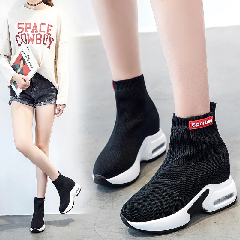 Сапоги носки вязаные сапоги на танкетке модная обувь высоком каблуке коллекция