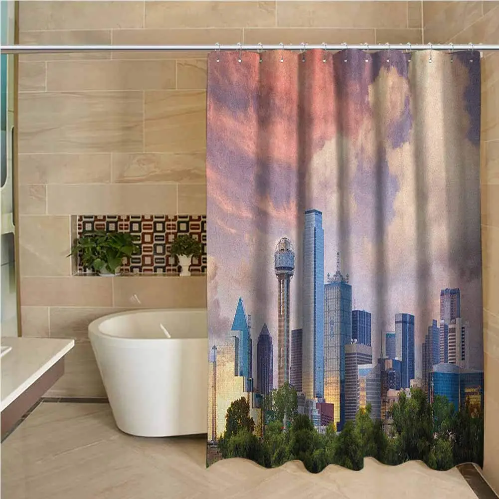 

United States Hotel Quality Polyester Shower Curtain Dallas City Skyline at Sunset Clouds Texas Highrise Skyscrapers Landmark