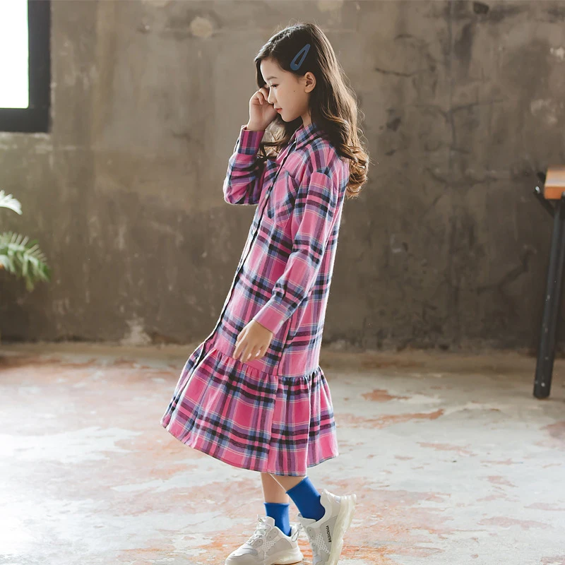 Платье для девочек от 10 до 12 лет фиолетовые длинные блузки в клетку платья