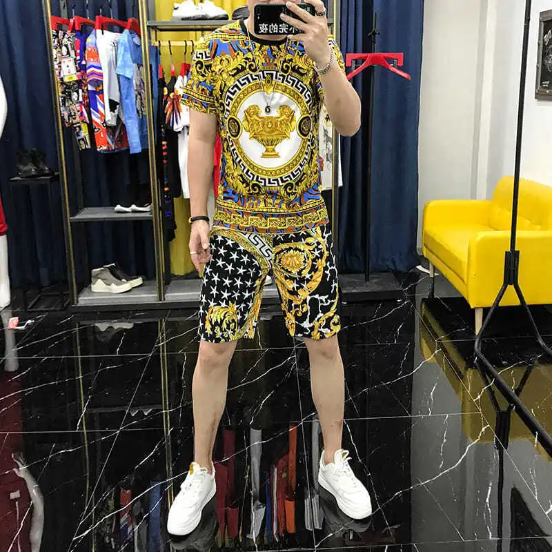 

Men's 2021 summer new personalized printed short sleeve T-shirt round neck pullover Outfits short sleeve shorts